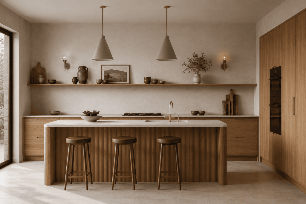 St Mawes Kitchen Concept with fluted paneling, curved island gable ends and oak cabinetry
