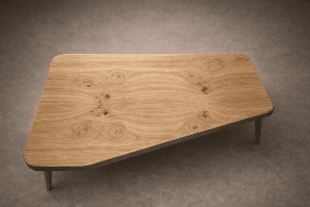 Oak Table for St Agnes Cottage with bookmatched pippy oak top