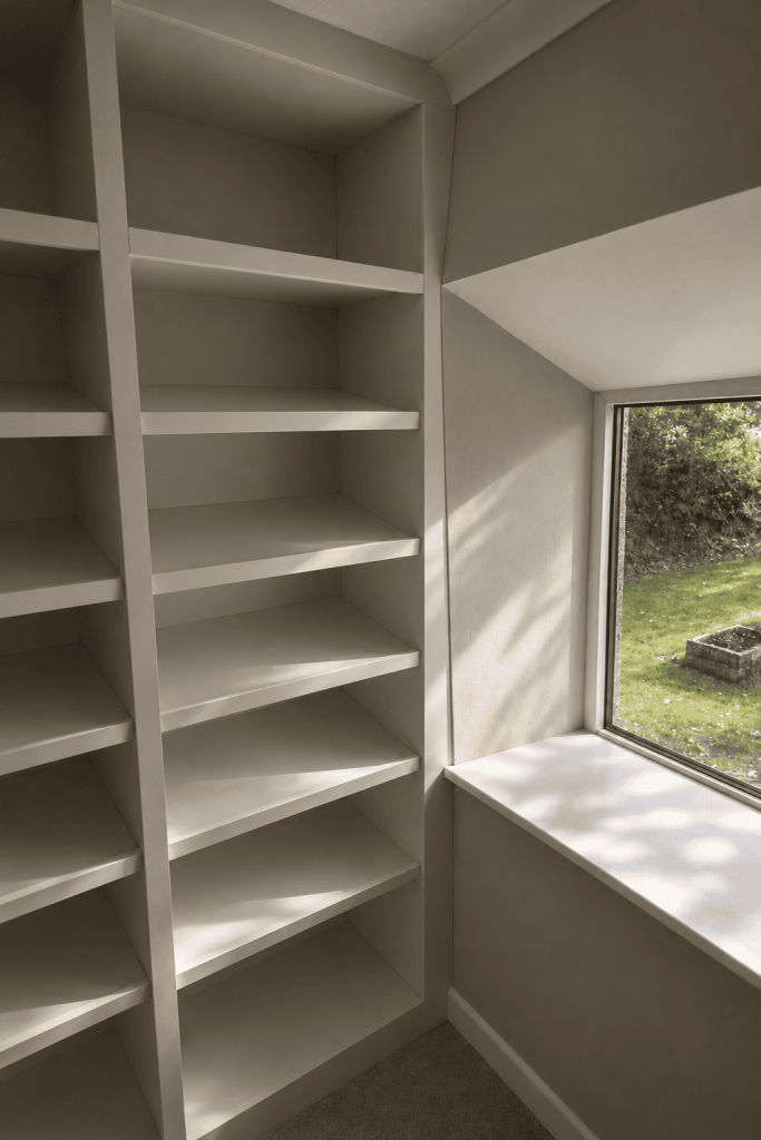 Shelving fitted around a window alcove, Bodmin